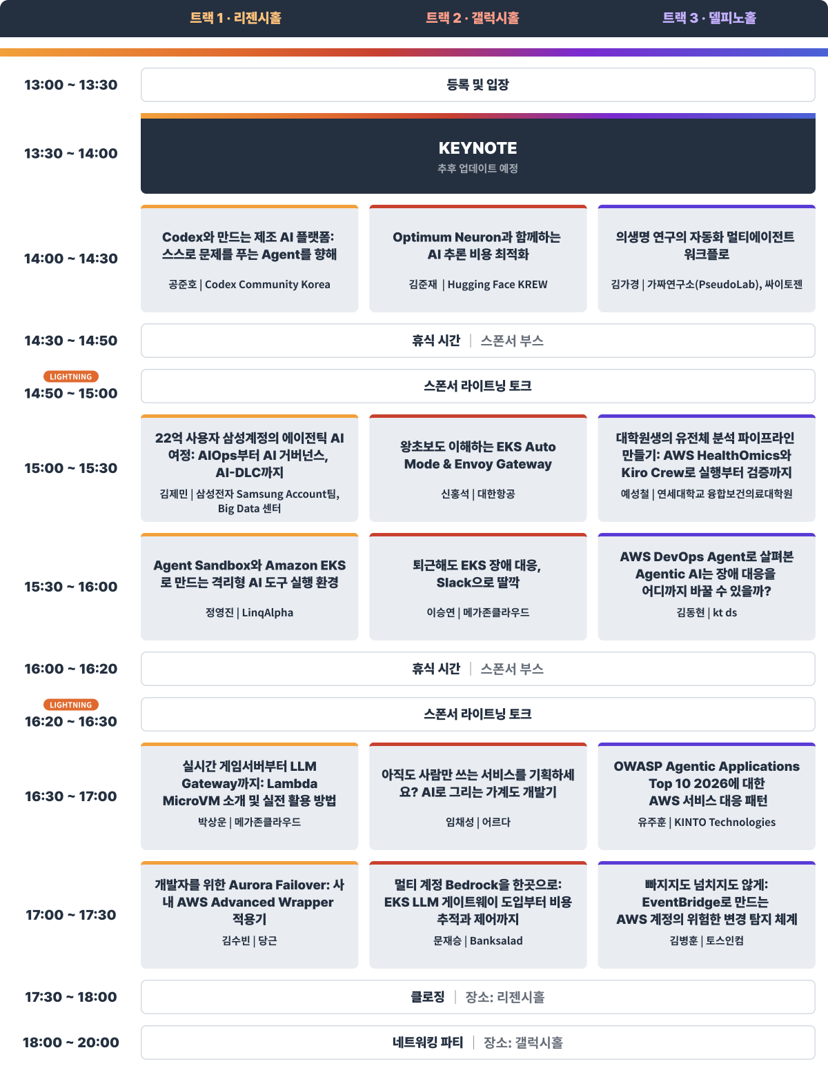 AWS Community Day Seoul 2026 타임테이블 — 3개 트랙 세션과 라이트닝 토크, 클로징, 네트워킹 파티