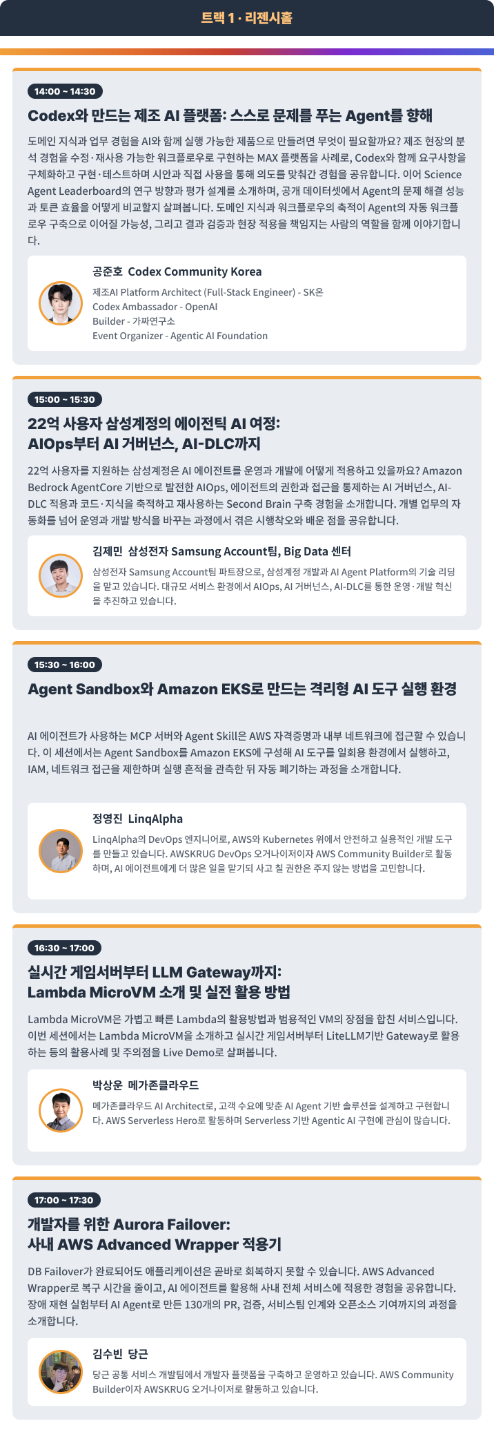 트랙 1 · 리젠시홀 세션 상세 — Codex 제조 AI 플랫폼, 삼성계정 에이전틱 AI, Agent Sandbox와 EKS, Lambda MicroVM, Aurora Failover
