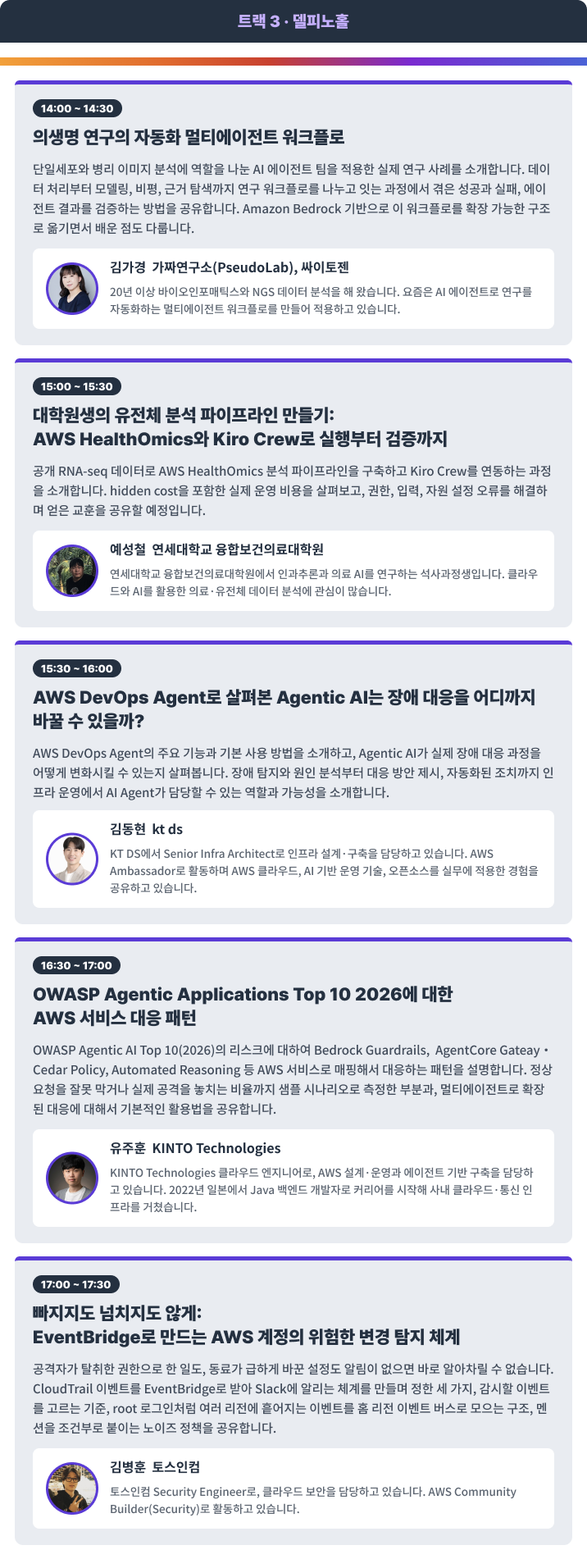 트랙 3 · 델피노홀 세션 상세 — 멀티에이전트 연구 워크플로, AWS HealthOmics, AWS DevOps Agent, OWASP Agentic Top 10, EventBridge 변경 탐지