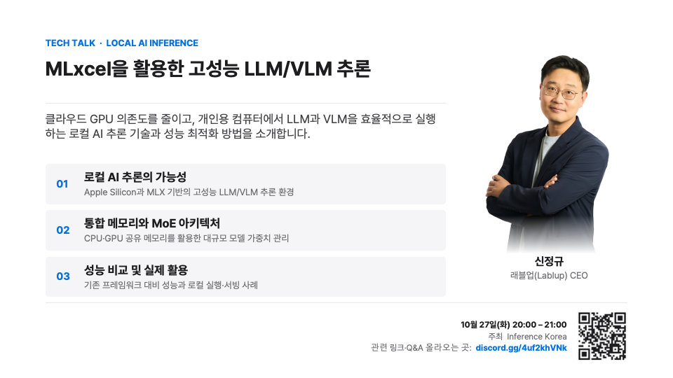 Inference Korea meetup 연사 카드 — MLxcel을 활용한 고성능 LLM/VLM 추론, 다루는 내용 3가지, 연사 신정규 래블업 CEO, 10월 27일(화) 20:00~21:00