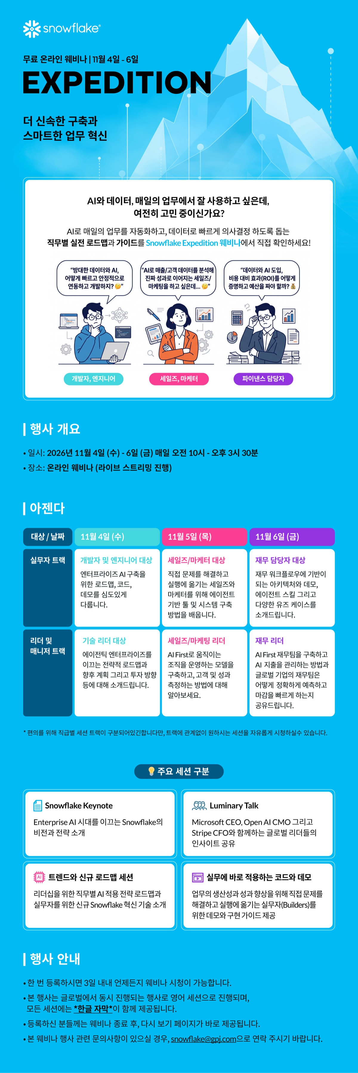 Snowflake EXPEDITION 웨비나 상세 안내 — 11월 4~6일 매일 10:00~15:30 온라인, 날짜별 직무 트랙 아젠다, 주요 세션(Keynote·Luminary Talk·로드맵·코드와 데모), 한글 자막·다시 보기 안내