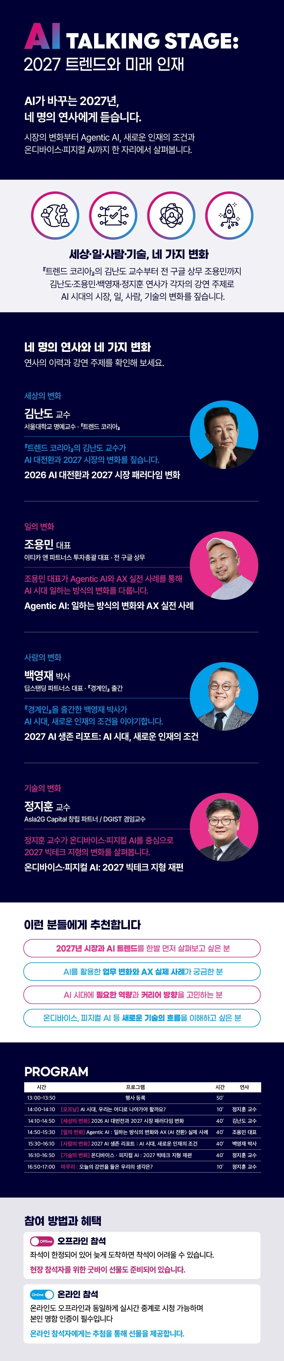 AI TALKING STAGE: 2027 트렌드와 미래 인재 상세 안내 — 네 명의 연사와 강연 주제, 추천 대상, 프로그램 시간표(14:00~17:00), 오프라인·온라인 참여 방법과 혜택
